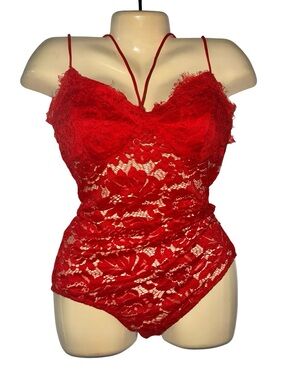 SHEIN Red Lace Strappy Chemise Bodysuit